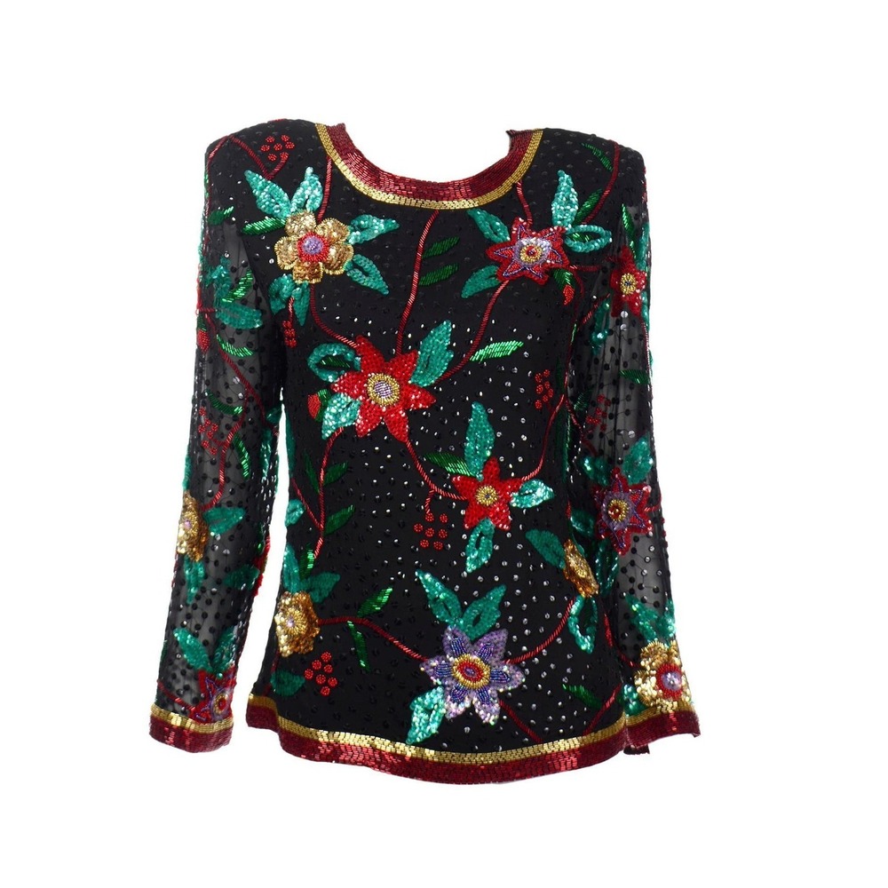 Oleg Cassini Vintage 80s 90s Silk Floral Beaded Sequin Top Black Long Sleeve